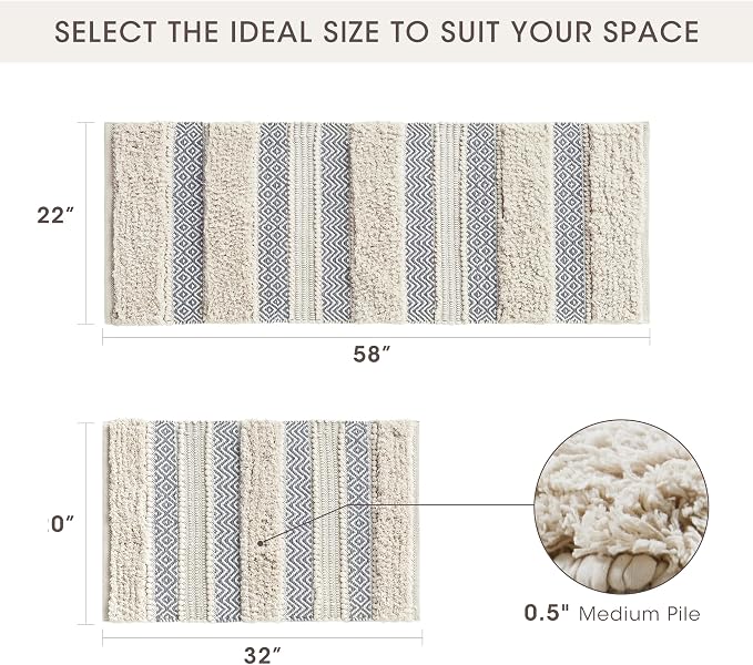 INK+IVY Asher Non-Slip Bath Rug Absorbent Quick Dry Striped, 22 x 58, Grey | Soft Pile, Machine Washable, Striped Pattern, Boho, OEKO-TEX Certified, Hand-Woven Texture, for Bathroom, Shower Room