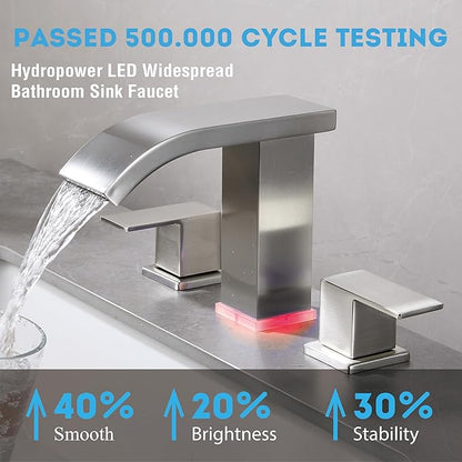 Bathroom faucets 3 Hole Brushed Nickel Vanity Faucet with led Waterfall Bathroom Faucet 3 Hole Sink Faucet Bathroom 8 inch Widespread Modern Parts Touch on 2 Handle