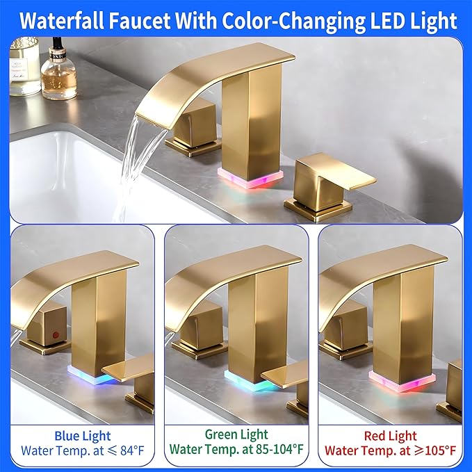 Brushed Gold Waterfall Bathroom Faucet 8 inch Widespread Vanity faucets Modern Faucet 3 Hole 2 Handle Gold Sink Faucet for Bathroom with LED(Brushed Gold)