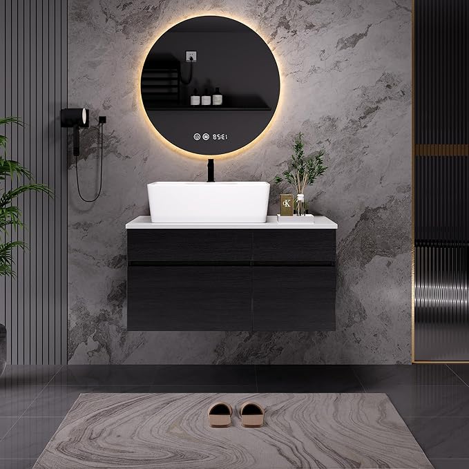 31.5" Floating Bathroom Vanity with Sink, Soft Closing Drawers, Solid Wood Modern Single White Bathroom Vanity Cabinet with Drawers and Shelves, Wall Mounted