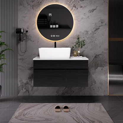 32" Floating Bathroom Vanity with Single Sink, Modern Black Wall-Mounted Bathroom Vanities with Above Ceramic Basin, Wood Bathroom Vanity Cabinet with 1 Drawers and 2 Storage Cabinets