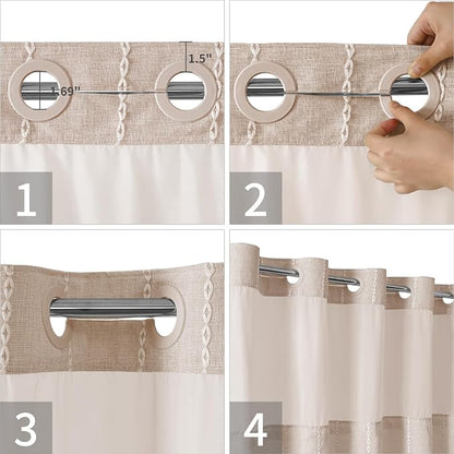 eachope Boho Farmhouse No Hook Shower Curtain Set with Snap-in Fabric Liner,Heavy-Duty Linen Textured Rustic Striped Design,Water-Repellent with Tassels and Sheer Window,Tan/Taupe,71x74 | Snap-in Liner,330GSM Thick Linen Textured Rustic Striped Design,...