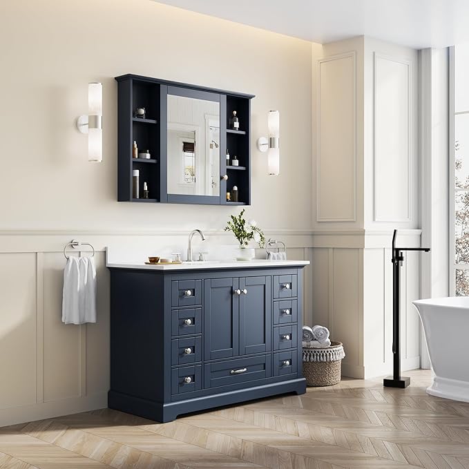 WELLFOR 48" Bathroom Vanity with Sink, Bathroom Freestanding Vanity W/ 2 Soft-Close Doors and 9 Soft-Close Drawers, Bathroom Cabinet Vanity with Cultured Marble Countertop (Navy Blue)