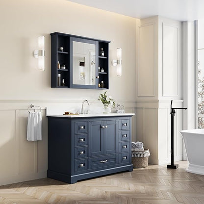 WELLFOR 48" Bathroom Vanity with Sink, Bathroom Freestanding Vanity W/ 2 Soft-Close Doors and 9 Soft-Close Drawers, Bathroom Cabinet Vanity with Cultured Marble Countertop (Navy Blue)