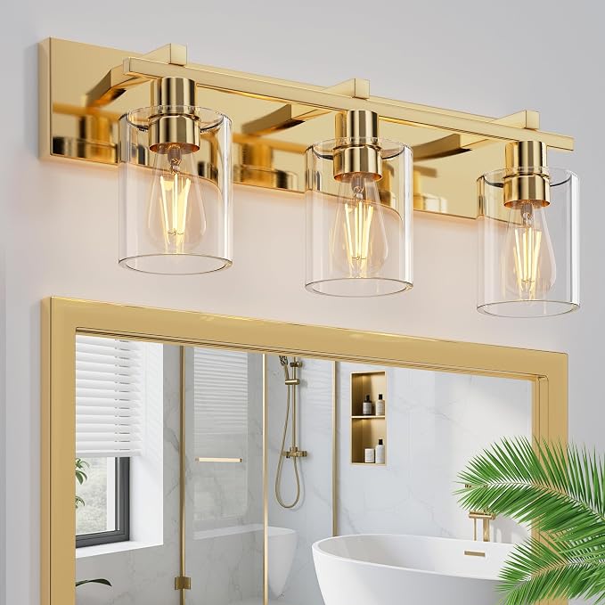 3-Light 21inch Brushed Gold Vanity Light, Thickened Clear Glass | Over Mirror for Bathroom, Rust Resistant, E26 Base, Easy Install, Removable Glass Shade Horizontal Mount, Dimmable