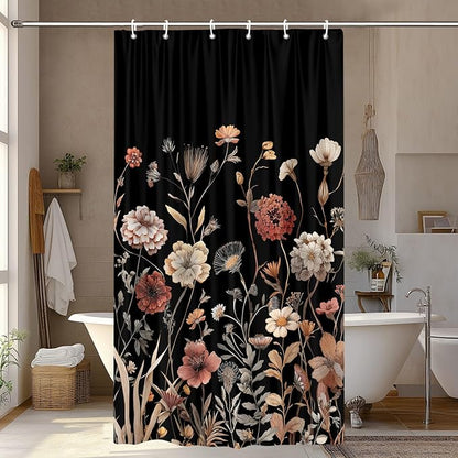 Vintage Boho Black Floral Shower Curtain, Beige Brown Cream Tan Rustic Farmhouse Flower Shower Curtain Set, Cute Botanical Wlidflowers Fabric Shower Curtains Decoration, 36X72 Bathroom Accessories
