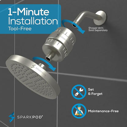 SparkPod Filtered Shower Head, 23-Stage, 6" Round, Brushed Nickel | Showerhead for Hard Water, High Pressure, Reduces Chlorine, Heavy Metals, For Dry Skin & Hair, Removable Capsule Filter
