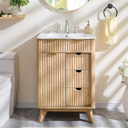 T4TREAM 24" Fluted Bathroom Vanity with Ceramic Sink Combo，Freestanding Small Modern Bathroom Storage Vanity Cabinet with Sliding Door & 3 Drawer，Wood Grain Texture，Metal Handle，Natural Oak