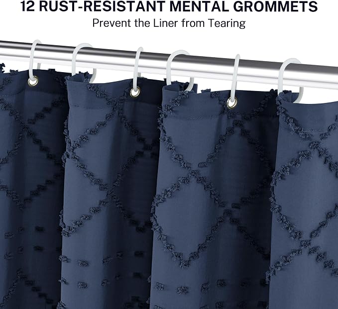 Siiluminisoy Extra Long Boho Farmhouse Shower Curtain Woven Fabric Navy Blue 84 Inch Curtain, 72 x Tufted Chevron Textured Striped Modern Minimalist Cloth Set with Hooks for Bathroom