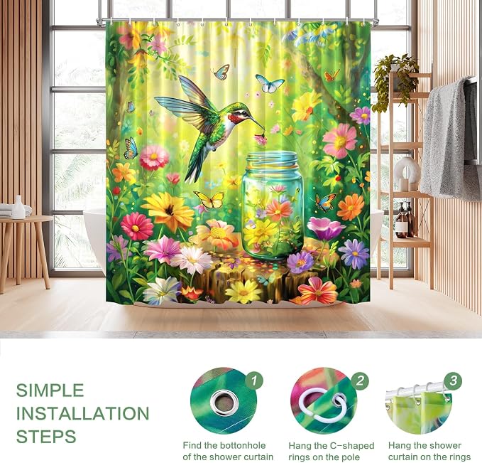 Floral Hummingbird Shower Curtain for Bathroom with Hooks Green 72x72 | Flowers Bird Wish Bottle Shower Curtain Polyester Waterproof Machine Washable Farmhouse Home Decor Bath Curtain