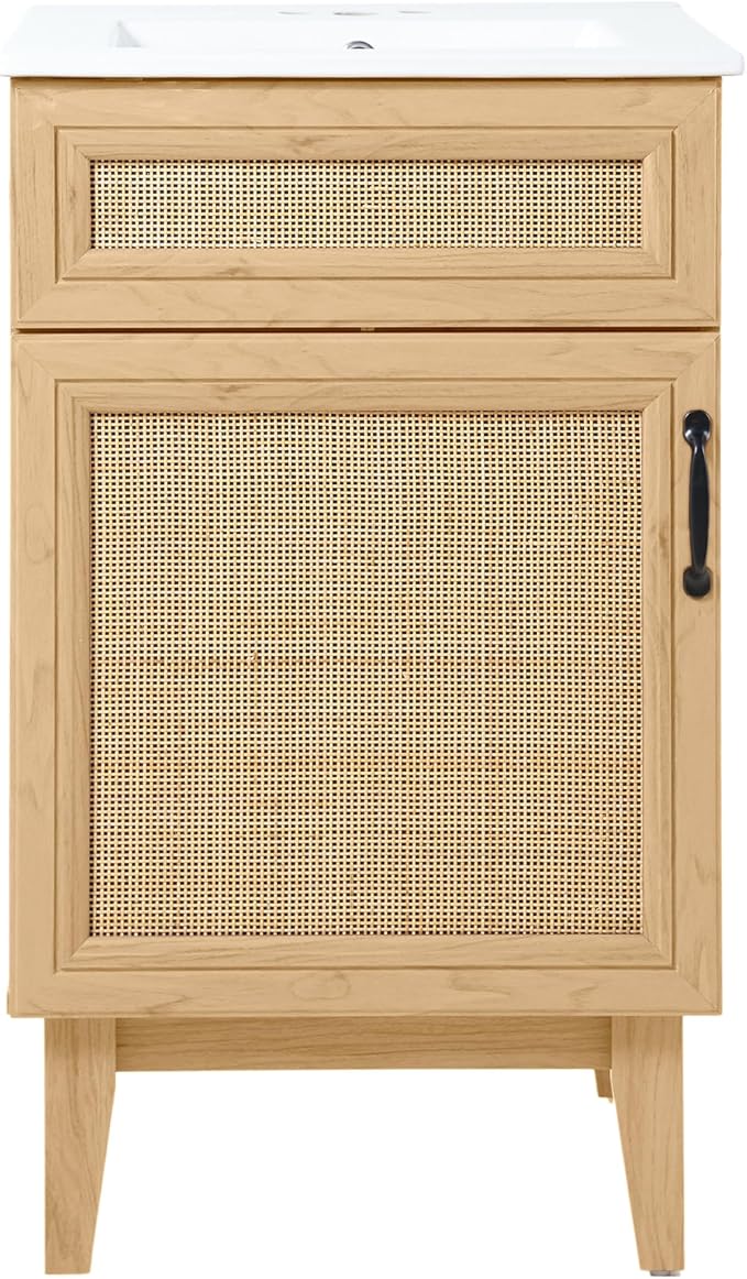 JONATHAN Y Javer Bohemian Rattan Freestanding Bath Vanity, 20", Oak | 18" Deep, 33" High, Single Soft-Close Door, Caned Paneling, 2-Shelf Storage, Basin Not Included, Modern Farmhouse Style