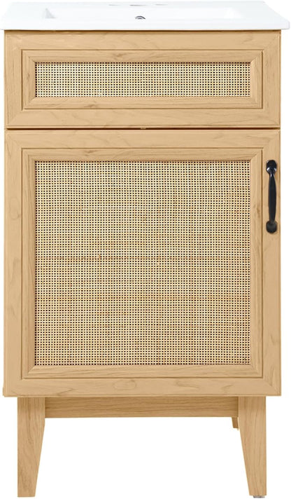 JONATHAN Y Javer Bohemian Rattan Freestanding Bath Vanity, 20", Oak | 18" Deep, 33" High, Single Soft-Close Door, Caned Paneling, 2-Shelf Storage, Basin Not Included, Modern Farmhouse Style