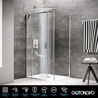 gotonovo Tub Shower Faucet Set with Valve Kit 12’’ Head,Brushed Nickel | Shower System with Tub Spout,SUS304 Rain Head with Handheld Sprayer,Swivel Spout,All Metal,Rough-In Valve Trim Kit,Wall Mount