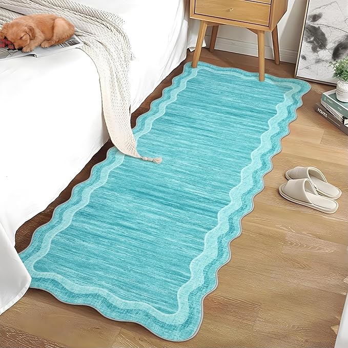 Garvee Washable Runner Rug 2x6 Modern Solid Scalloped Kitchen Runner Teal | Modern Long Runner Rug for Entryway Bedroom, Non Slip Low Pile Solid Runner Rugs for Entryway, Nursery Rugs Runner