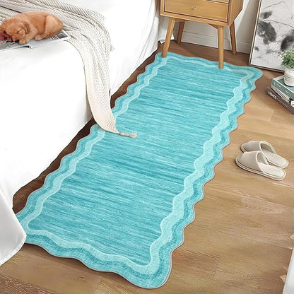 Garvee Washable Runner Rug 2x6 Modern Solid Scalloped Kitchen Runner Teal | Modern Long Runner Rug for Entryway Bedroom, Non Slip Low Pile Solid Runner Rugs for Entryway, Nursery Rugs Runner