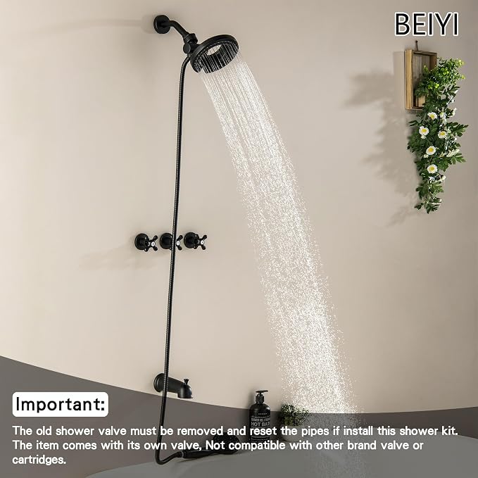 3 Handles Tub and Shower Faucet Set Matte Black 2-in-1 Dual Shower Bathtub Shower Faucets Combo Three Knod Tub and Shower Trim Kit Shower System Complete