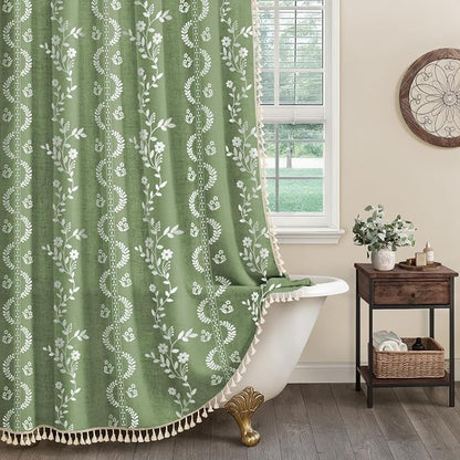 Boho Green Vintage Shower Curtain with Tassels 72 x 72 Inch | Bohemian Floral Linen Fabric Pattern Curtain Curtain For Bathroom