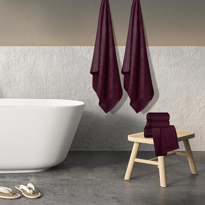 Ultra Soft 6 Pack Cotton Towel Set, Contains 2 Bath Towels 28x55 inch, 2 Hand Towels 16x24 inch & 2 Wash Coths 12x12 inch, Ideal Everyday use, Compact & Lightweight - Burgundy