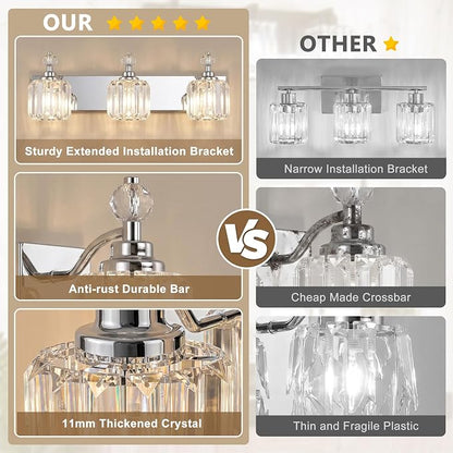 Chrome Light Fixtures, 3 Light Bathroom Vanity Light with 42pcs Crystal Sheet, 22in Modern Vanity Light, Bathroom Lighting Fixtures Over Mirror