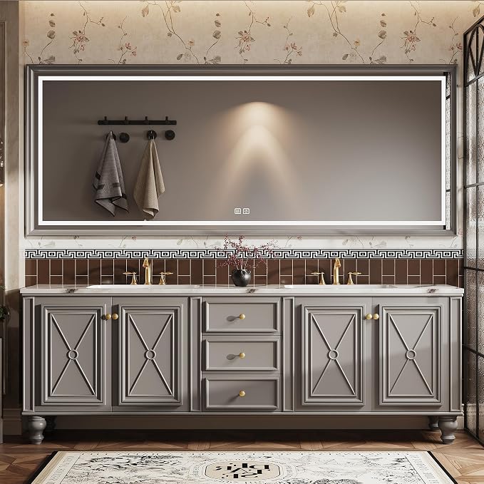 Double Sink Bathroom Vanity, Luxurious Bathroom Vanity with LED Smart Defog Mirror, Solid Freestanding Wood Vanity Sink Cabinet