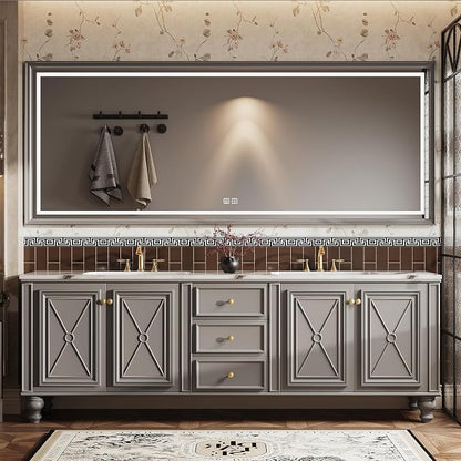 Double Sink Bathroom Vanity, Luxurious Bathroom Vanity with LED Smart Defog Mirror, Solid Freestanding Wood Vanity Sink Cabinet