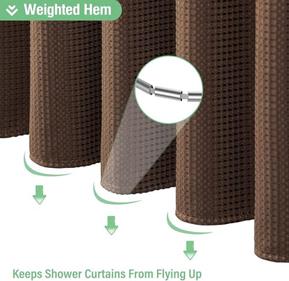 Long Waffle Shower Curtain 256 GSM Heavy Fabric 72x78 Brown | 78 Inch Long, Thick Cloth, Weighted Hem, Water Repellent, Tall Hotel Luxury Polyester Shower Curtains for Bathroom 12 Hooks