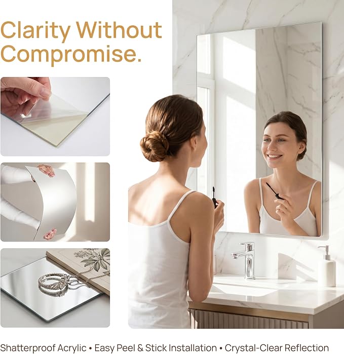 iCAGY Acrylic Mirror for Wall Kids Adults Bedroom Door Closet | Shatterproof, Self-Adhesive, Lightweight, Plastic Mirror Tile Sheet, Reflective, Safe, Plexiglass, 12x12 inch 4 Pcs