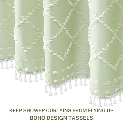 Extra Long Green Boho Shower Curtain - Woven Fabric Cute 84 Inch with Tassel, 72 x 84 Tufted Chevron Textured Striped Modern Farmhouse Minimalist for Bathroom
