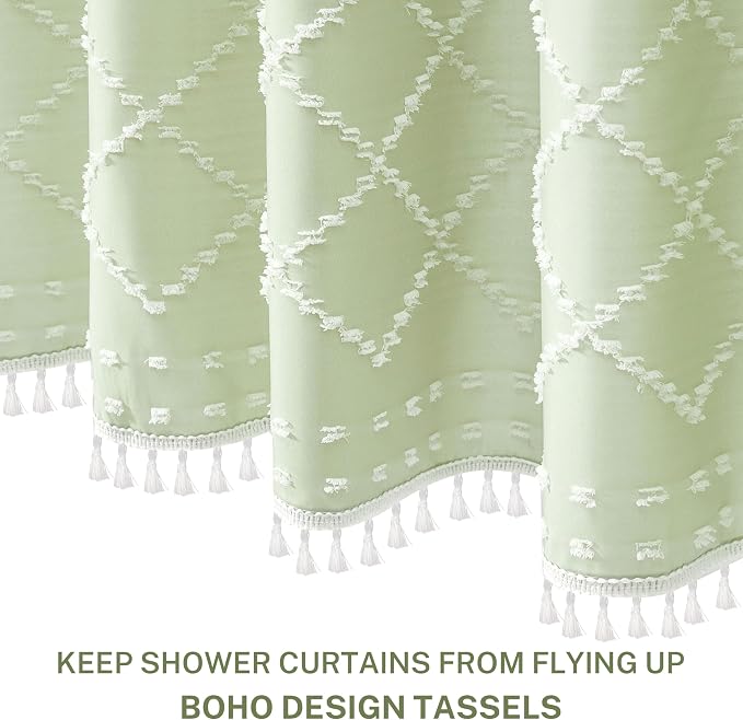 Siiluminisoy Boho Green Shower Curtain Woven Fabric Cute Shower Curtain with Tassel, 72 x 72 Tufted Chevron Textured Striped Modern Farmhouse Minimalist Cloth Shower Curtain for Bathroom
