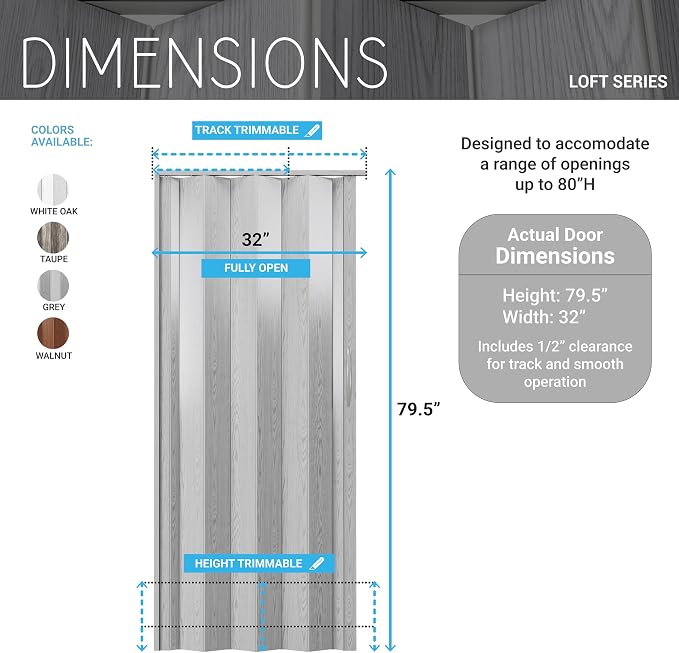 32" x 80" Premium Foldable Accordion Doors,Heavy Duty,White Oak | Foldable accordion doors w/ double‑walled heavy‑duty panels, ideal as interior room dividers for privacy, space‑saving design