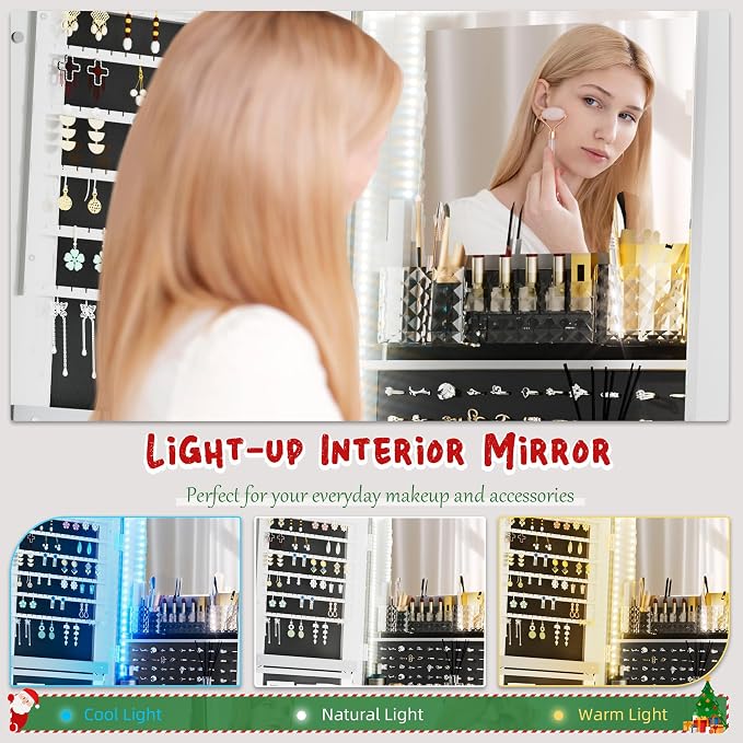 NUNU LAB LED Mirror Jewelry Cabinet Standing, Jewelry Armoire with Full Length Mirror, 360° Swivel Jewelry Cabine with Adjustable LED Lights, Lockable Jewelry Organizer Storage, White