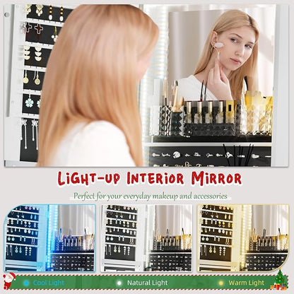 NUNU LAB LED Mirror Jewelry Cabinet Standing, Jewelry Armoire with Full Length Mirror, 360° Swivel Jewelry Cabine with Adjustable LED Lights, Lockable Jewelry Organizer Storage, White