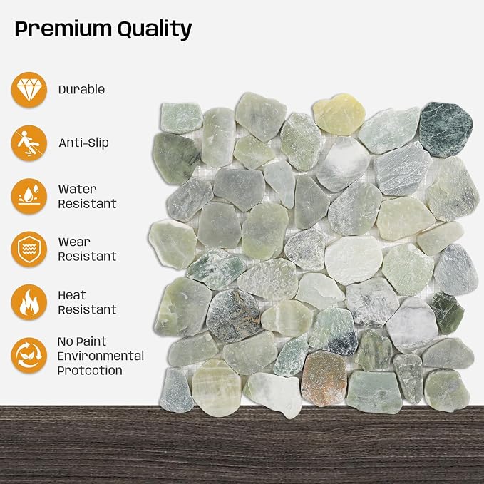 Green Pebble Tile for Shower Floor, 12"X12" Stone Backsplash Tiles | Slip-resistant Pebble for Bathroom, Kitchen, Shower Floors, Walls & Outdoor Areas, Mesh-Backed Easy to Install, 5 SqFt