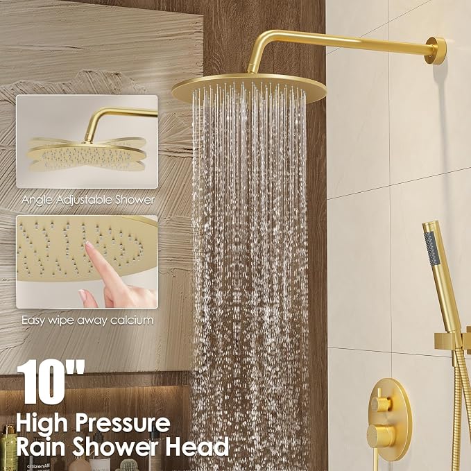 Gabrylly Shower System, 10" Bathtub Shower Faucets Set, Brushed Gold | All Metal Rain Shower Head with Handheld Spray Combo and Tub Spout, Luxury Bathroom Rainfall Shower Head Set With Valve
