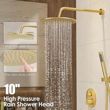 Gabrylly Shower System, 10" Bathtub Shower Faucets Set, Brushed Gold | All Metal Rain Shower Head with Handheld Spray Combo and Tub Spout, Luxury Bathroom Rainfall Shower Head Set With Valve