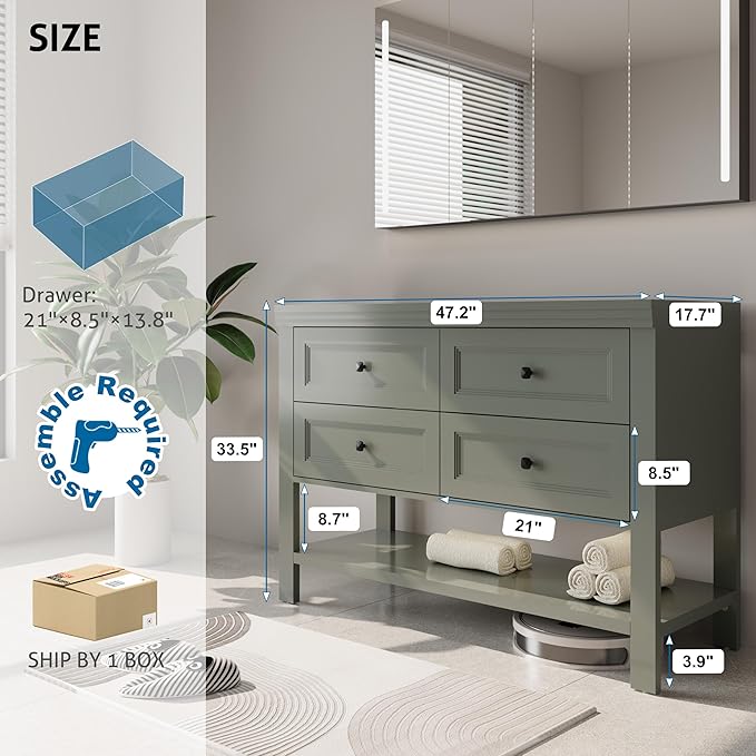eclife 48" Bathroom Vanity with Sink Combo, Modern Painted Vanities Cabinet with Big Drawers, Opening Bottom Shelf, Raised Foot Pads, Exclude Undermount Sink, Faucet & Drain, Green