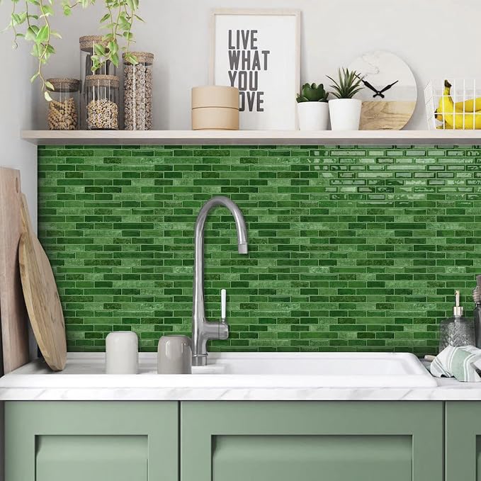 URCOLOR 10-Sheet Kitchen Backsplash Tiles Peel and Stick, 12”×12” Self Adhesive Wall Tile for Bathroom, Jade Green