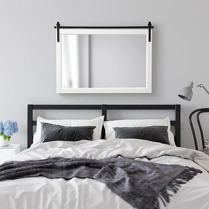 Kate and Laurel Skylan Modern Farmhouse Decorative Wood Framed Wall Mirror; 38 x 27; White and Black; Barn Door-Inspired Transitional Wall Hanging Mirror for Bathroom or Living Room Uses