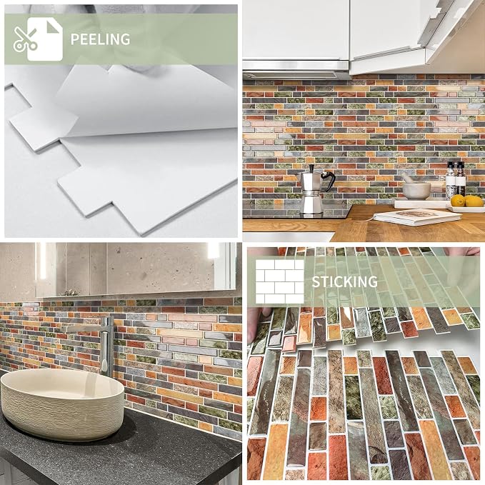 10 Sheets Thick Peel and Stick Kitchen Backsplash Tiles | 3D Waterproof Self Adhesive Wall Tile Stick on Backsplash for Kitchen,Bathroom and Fireplace(Colorful,12"×12")