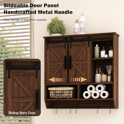 RUSTOWN Farmhouse Bathroom Wall Cabinet,3-Tier Rustic Wood Wall Mounted Cabinets,Vintage Medicine Cabinet with Sliding Barn Door and Adjustable Shelves,Over The Toilet Storage Cabinet (Dark Walnut)