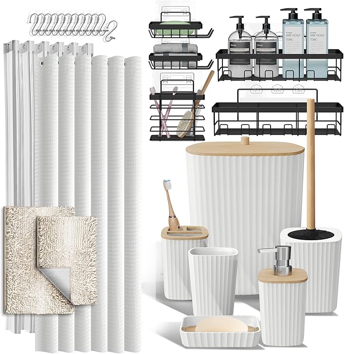 Clara Clark Bathroom Accessories Set - 27PC Bathroom Set with Adhesive Corner Shower Caddy Hanging, Bathroom Sets with Shower Curtain and Rugs, Ombre White Shower Curtain Set with Bathroom Trash Can | 27 Piece Ombre White Bathroom Sets with Shower Curt...