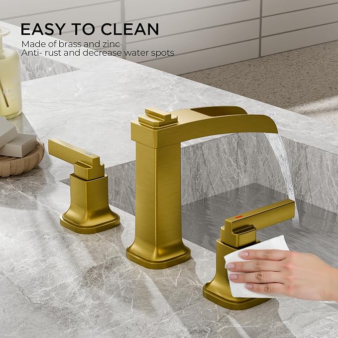 FORIOUS Brass Waterfall Brushed Gold Bathroom Faucets 3 Hole, Modern Widespread 8 Inch Bathroom Sink Faucet with Metal Pop-up Drain and Pre-Assembled Hose for Vanity, Restroom,Bathtub