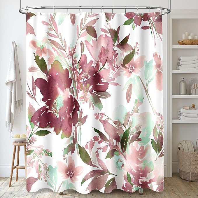 MAYZUS Plum Watercolor Floral Shower Curtains for Bathroom, 72x72 | Modern Abstract Flower Decorative Fabric Shower Curtain Set with Hooks