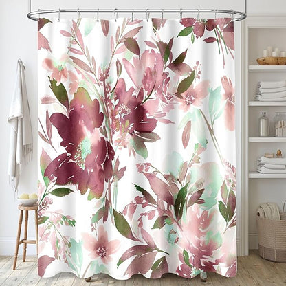 MAYZUS Plum Watercolor Floral Shower Curtains for Bathroom, 72x72 | Modern Abstract Flower Decorative Fabric Shower Curtain Set with Hooks