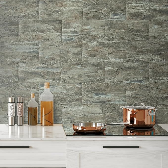 AULIGET 20-Piece Apache Brown Rock Peel and Stick Backsplash Wall Tiles, 6" x 12" PVC Faux Stone Stick on Tiles Backsplash Kitchen