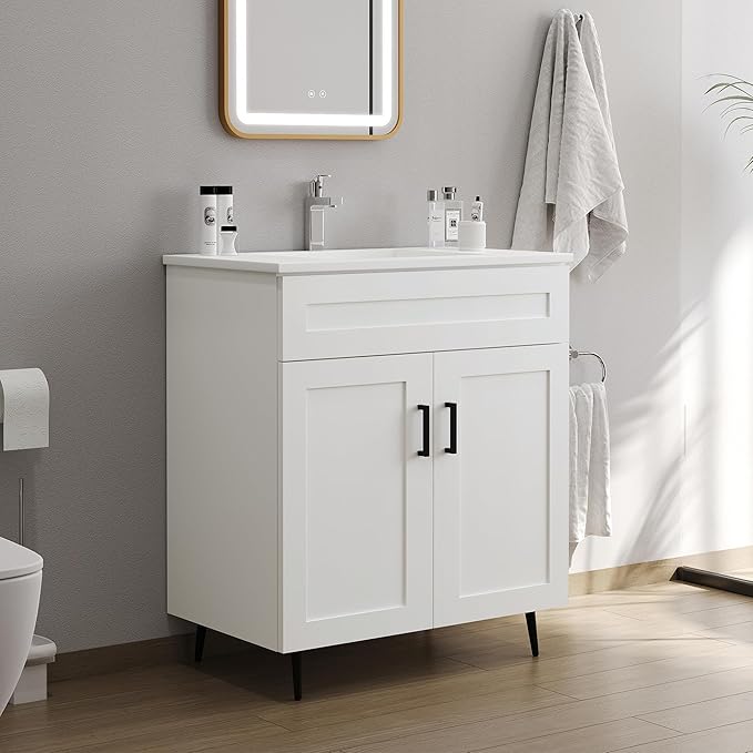 30 Inch Bathroom Vanity with Sink, Modern Wooden Freestanding Bathroom Storage Cabinet with 2 Doors and 1 Drawer, Metal Legs, Painted Surface, White