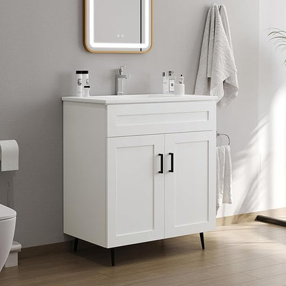 30 Inch Bathroom Vanity with Sink, Modern Wooden Freestanding Bathroom Storage Cabinet with 2 Doors and 1 Drawer, Metal Legs, Painted Surface, White