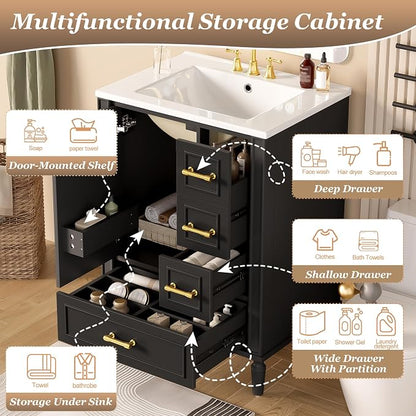 24 Inch Modern Bathroom Vanity with Ceramic Sink, Freestanding Bathroom Cabinet with Soft-Close Door, 3 Drawers, Gold Handles & Door-Mounted Storage Rack, Solid Wood & MDF, Black