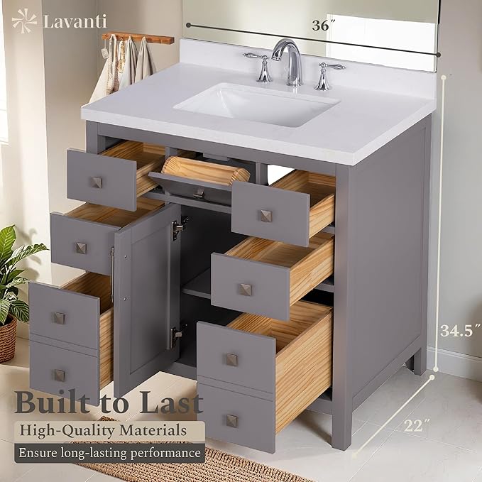 Lavanti Oakford 36 Inch Bathroom Vanity with Sink – Stylish Gray Vanity Bathroom with Storage Cabinet – Modern Bathroom Vanities with Single Vanity Sink & Quartz Countertop