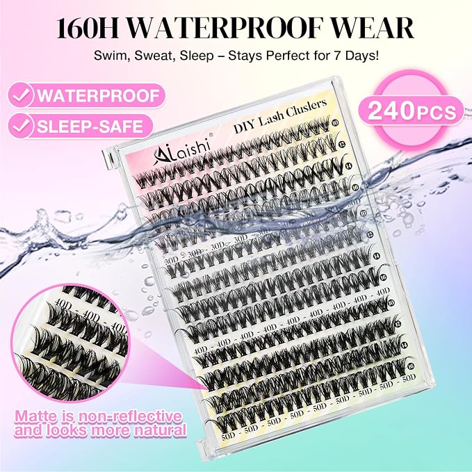 Lash Clusters Kit, DIY Cluster Eyelash Extensions 9‑16mm, 30D+40D+50D, 240pcs Fluffy D Curl Natural Lashes with Lash Bond and Seal,Tweezers, Remover, Brush–Waterproof Fake Wispy Individual Clusters